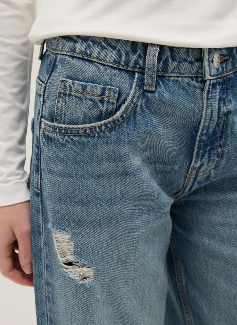 Ovs  OVS Wide Leg Blue Cotton Jeans With Rips for Women | Best Price UAE